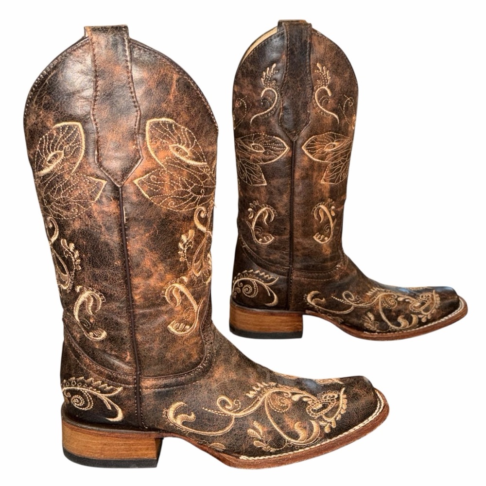 Circle G Brown Dragonfly Embroidered Square Toe Western Cowgirl Boots - Size 6.5 - Picture 10 of 15